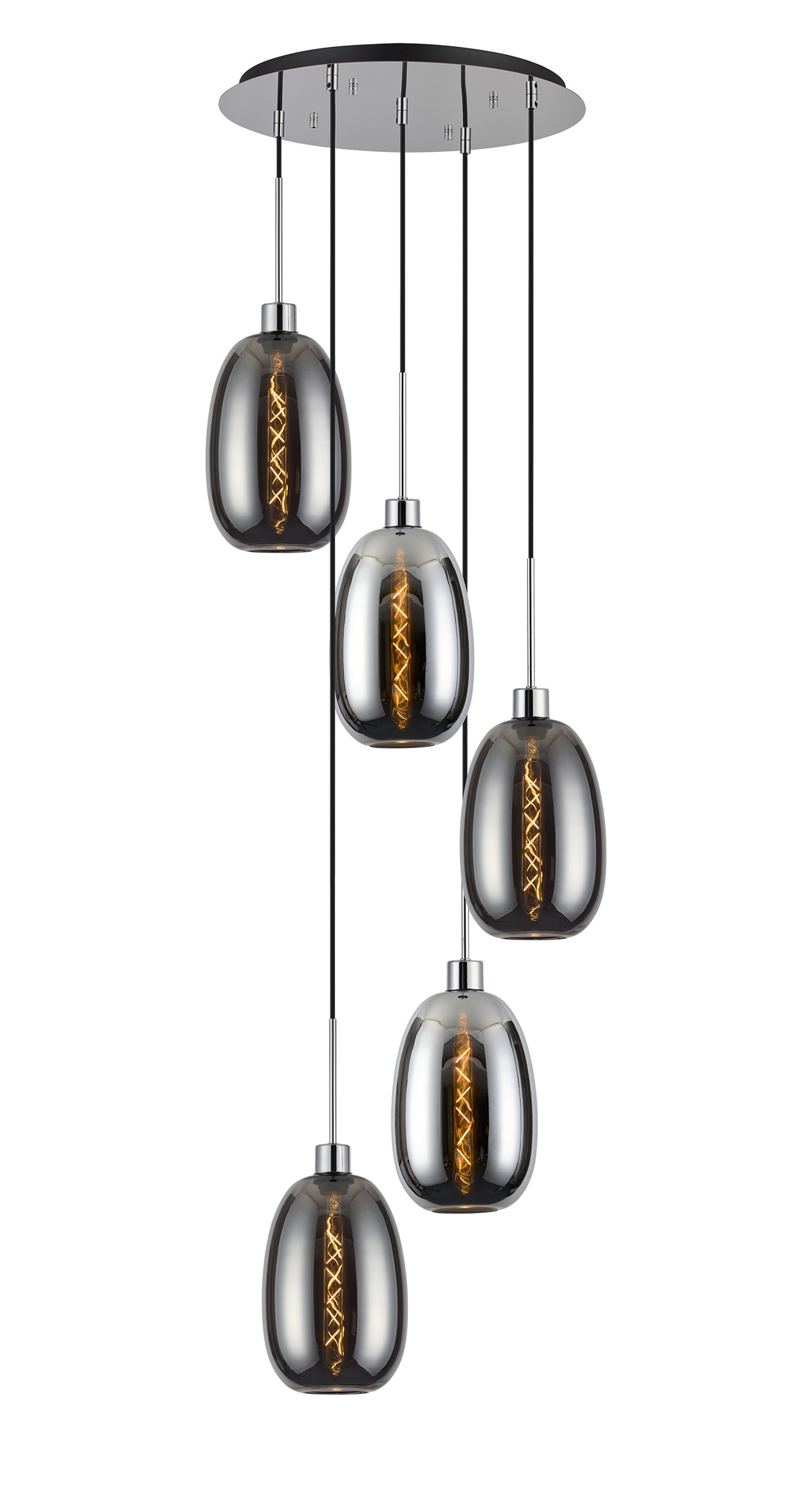 DK1284  Lori 45cm Round Pendant, 5 Light Adjustable E27, Polished Chrome/Chrome/Smoke Slim Curved Trapezium Shades